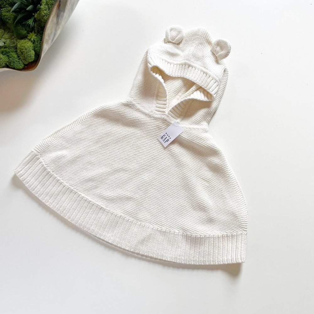 NWT • Gap Ivory Knit Bear Hooded Poncho Sweater | 12-18m